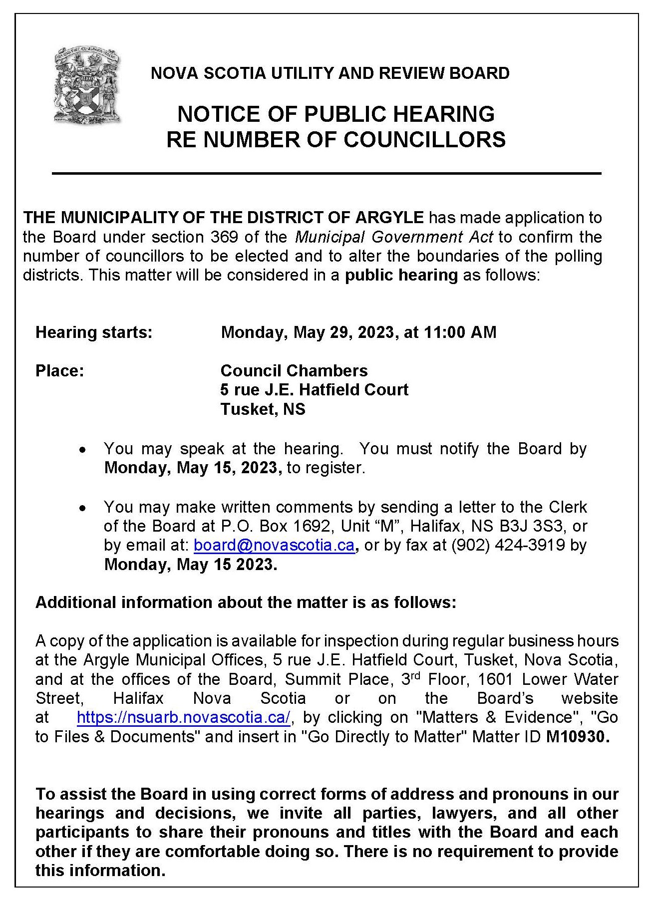 NSUARB Notice of Public Hearing Argyle M10930